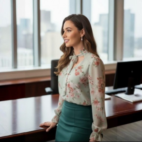 OLM Mint Green Floral Ruffle Trim Tie Neck Blouse
Size Large - Picture 2 of 15